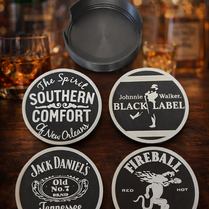 Premium Liquor Coaster Set (4 Pack) – 3D Printed PLA+ with Holder