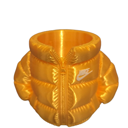 Puffer Jacket Pen & Brush Holder | Silk PLA+ 3D Printed Makeup Organiser & Desk Accessory | Unique Gift Idea (Gold/White)