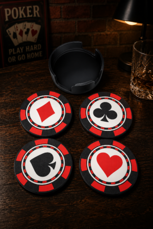 Poker Chip Coaster Set – 3D Printed Drink Coasters with Holder