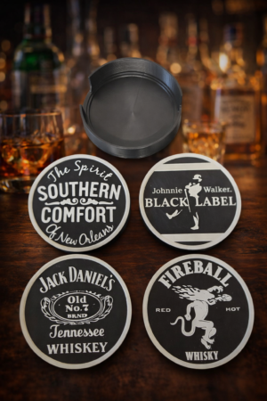 Premium Liquor Coaster Set (4 Pack) – 3D Printed PLA+ with Holder