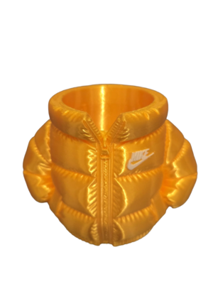 Puffer Jacket Pen & Brush Holder | Silk PLA+ 3D Printed Makeup Organiser & Desk Accessory | Unique Gift Idea (Gold/White)