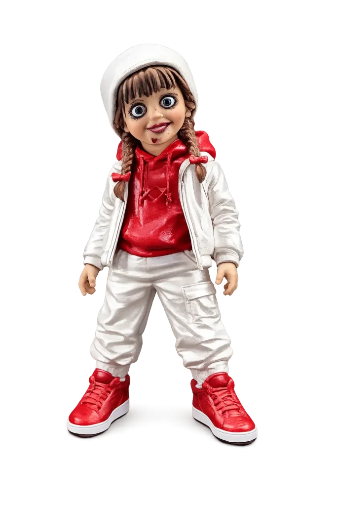Hand-painted Annabelle figure in red and white clothing