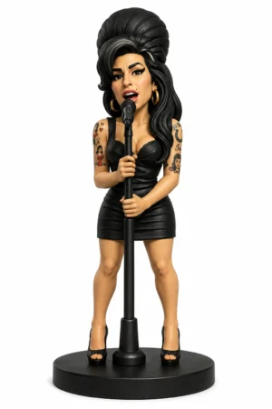 Amy Winehouse stylised singer 3D printable STL model with microphone and round display base