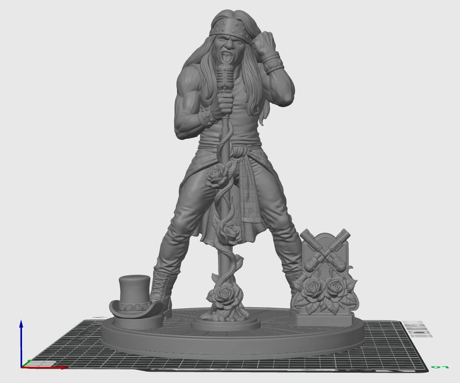 Axl Rose stylised rock singer 3D printable STL model with microphone roses and stage display base