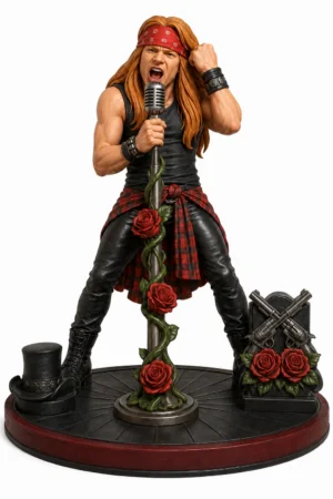 Axl Rose stylised rock singer 3D printable STL model with microphone roses and stage display base