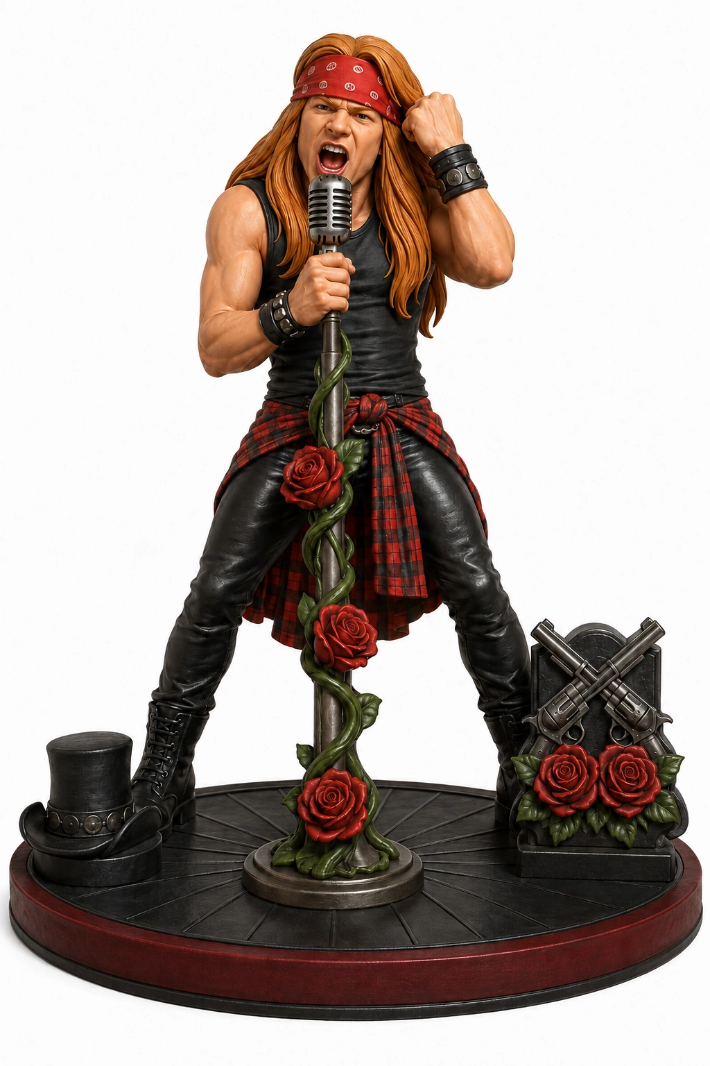 Axl Rose stylised rock singer 3D printable STL model with microphone roses and stage display base