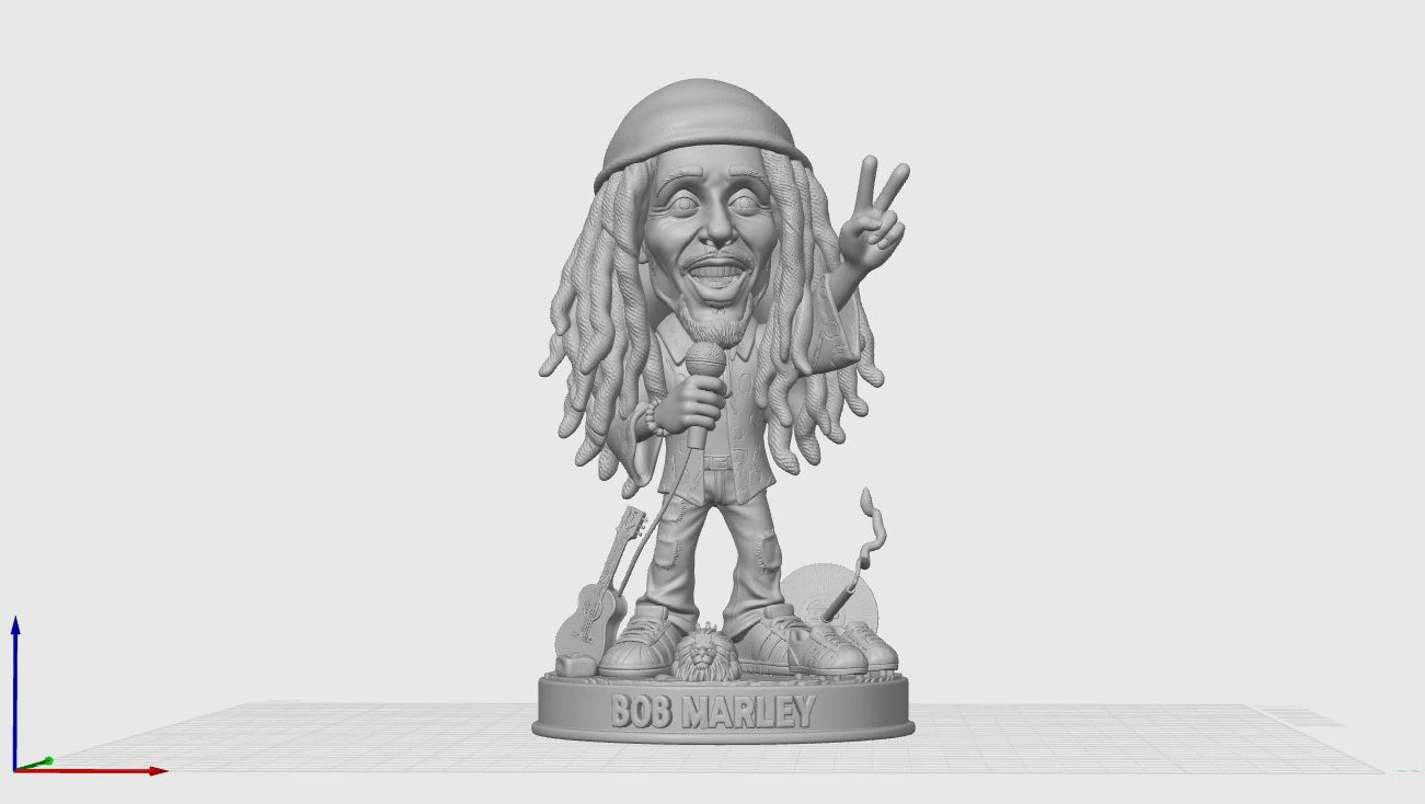 Bob Marley caricature 3D printable STL model with microphone guitar vinyl record and round display base