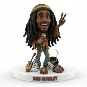 Bob Marley caricature 3D printable STL model with microphone guitar vinyl record and round display base