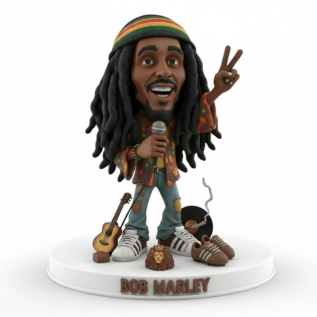 Bob Marley caricature 3D printable STL model with microphone guitar vinyl record and round display base