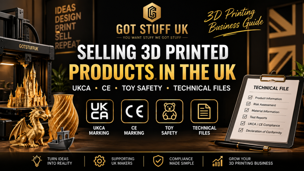 GotStuffUK guide to selling 3D printed products in the UK, featuring a 3D printer, printed models, UKCA and CE marking, toy safety and technical files.