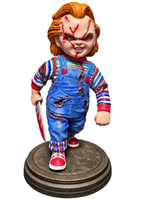 Chucky from Child’s Play Figure 3D printed in PLA+ and hand painted with orange hair, stitched face, blue overalls and knife, approximately 27cm high
