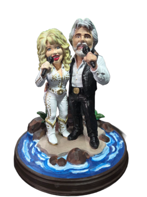 Dolly Parton and Kenny Rogers 3D printed hand painted figure on an Islands in the Stream themed base, approximately 25cm high