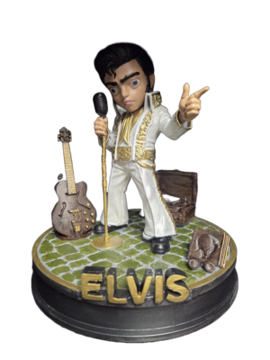 Elvis Presley Figure 3D printed in PLA+ and hand painted in a white and gold stage outfit with microphone and guitar, approximately 24cm high