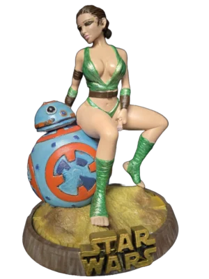 Rey Star Wars Figure 3D printed in PLA+ and hand painted with green outfit and spherical droid companion, approximately 23cm high