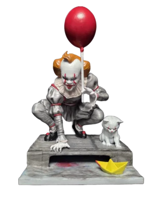 Pennywise Clown Figure 3D printed in PLA+ and hand painted with red balloon, yellow paper boat and sewer display base, approximately 27cm high