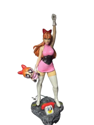 Blossom from The Powerpuff Girls 3D printed PLA+ hand-painted figure with orange hair, red bow, pink outfit and display base, approx. 30cm high