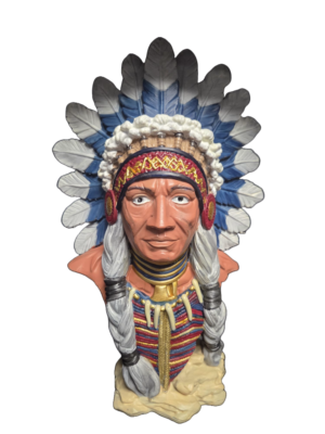 3D printed and hand painted Native American Chief Bust in PLA+ with blue and white feathered headdress and braided hair