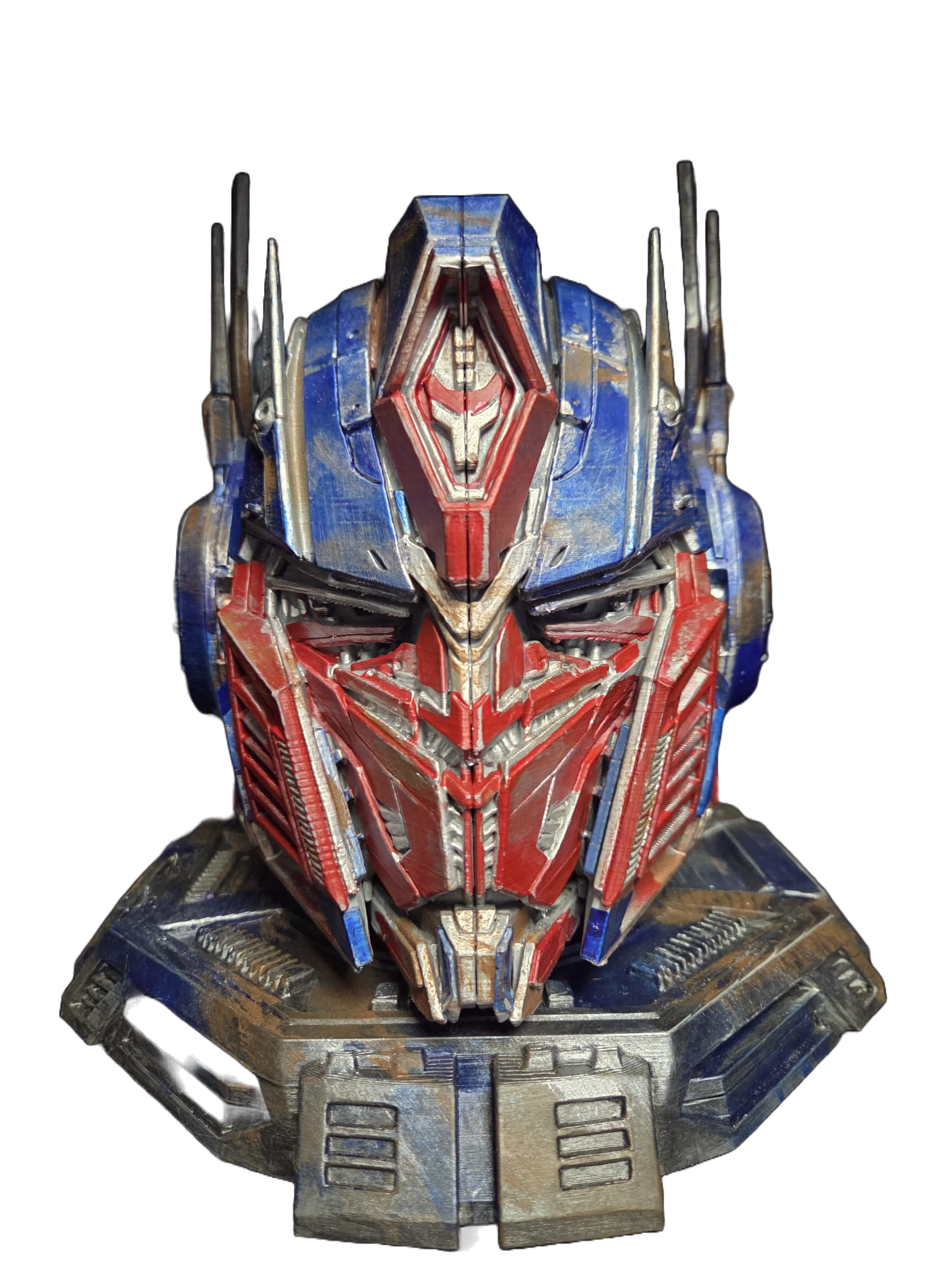 Optimus Prime Bust 3D printed in PLA+ and hand painted red, blue and metallic silver, approximately 25cm high