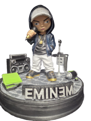 Eminem Rapper Figure 3D printed in PLA+ and hand painted with microphone, boombox and hip-hop themed base, approximately 25cm high