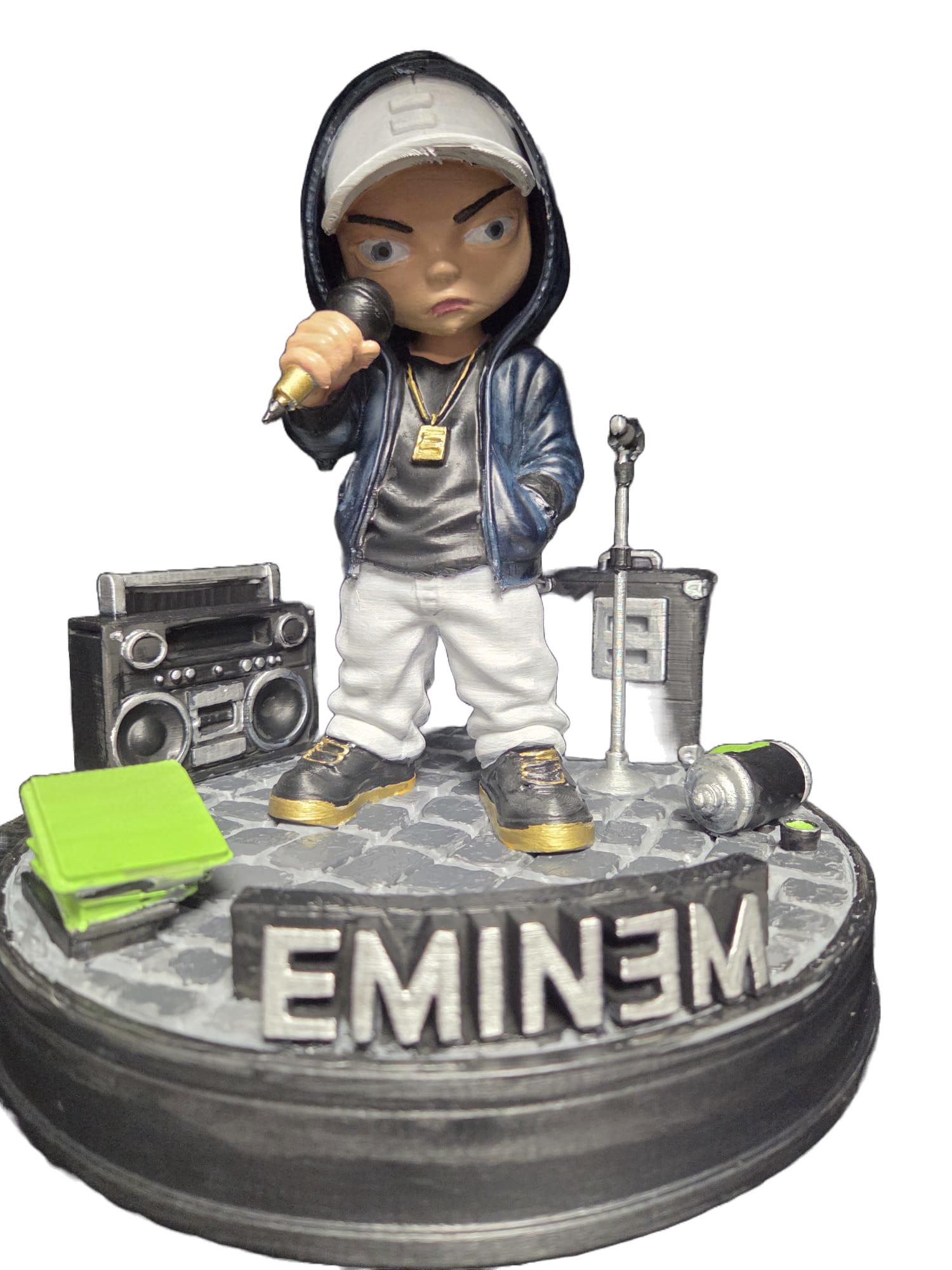 Eminem Rapper Figure 3D printed in PLA+ and hand painted with microphone, boombox and hip-hop themed base, approximately 25cm high