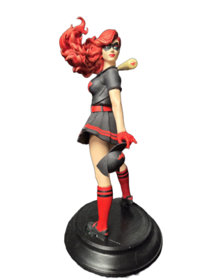 Batgirl Baseball Figure 3D printed in PLA+ and hand painted with red hair, baseball bat and black and red outfit, approximately 27cm high