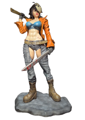 Friday the 13th female horror figure 3D printed in PLA+ and hand painted with hockey-style mask and machete, approximately 30cm high