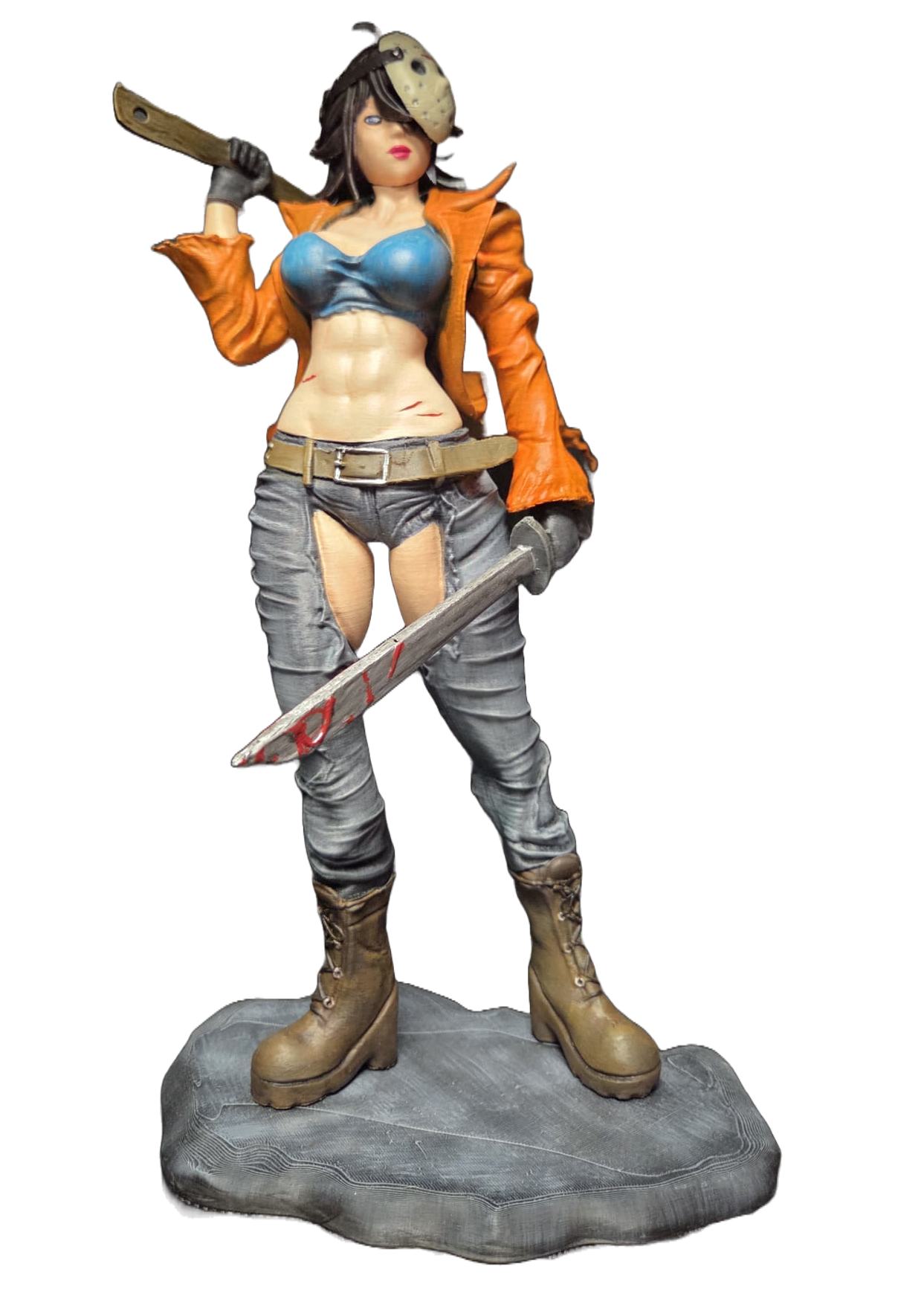 Friday the 13th female horror figure 3D printed in PLA+ and hand painted with hockey-style mask and machete, approximately 30cm high