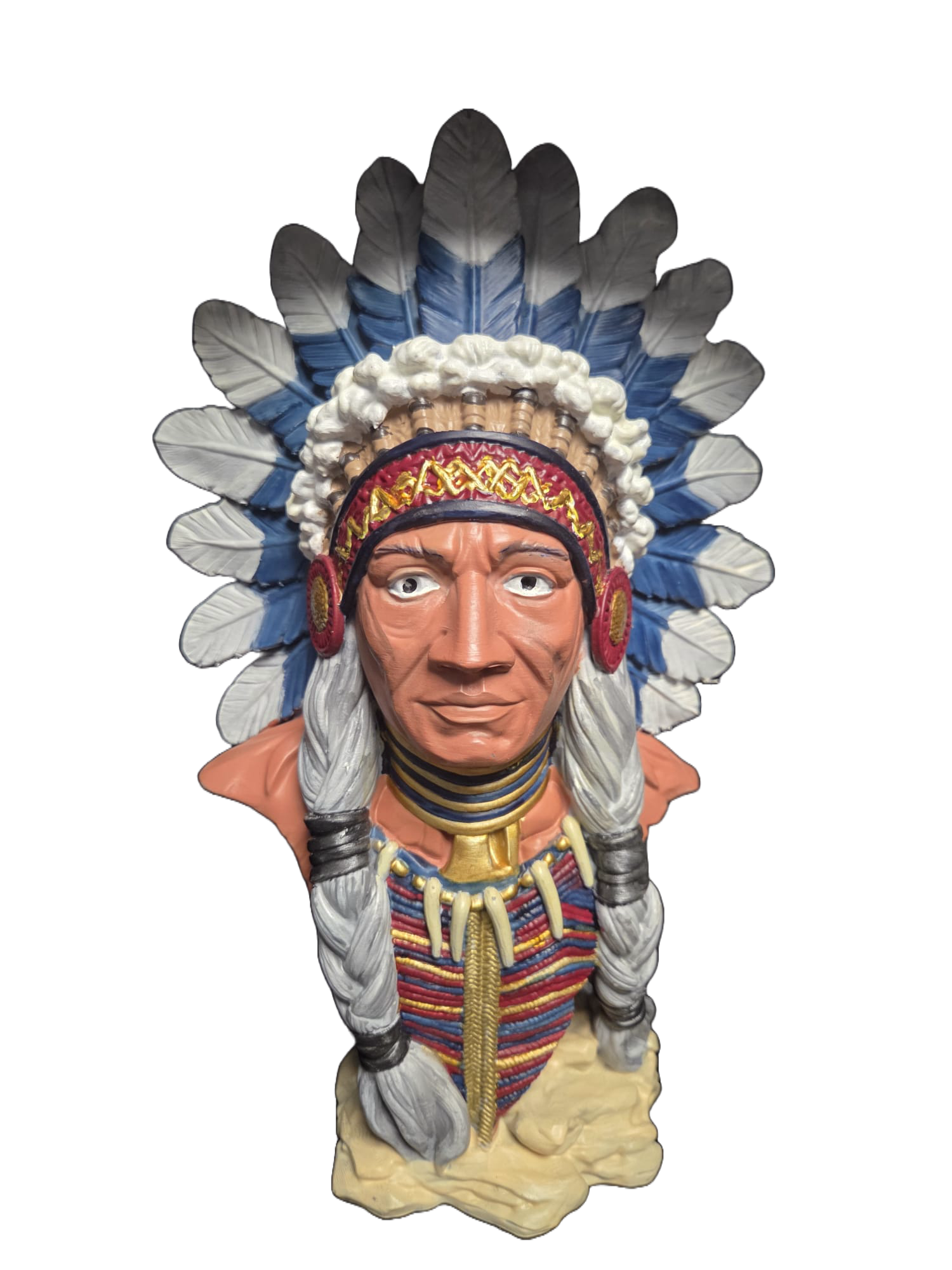 3D printed and hand painted Native American Chief Bust in PLA+ with blue and white feathered headdress and braided hair
