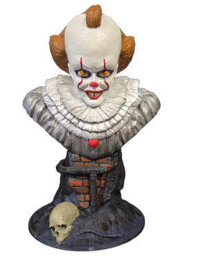 3D printed hand painted Horror Clown Bust in PLA+ with skull and sewer-style base, approximately 25cm high