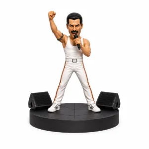 Freddie Mercury Queen inspired 3D printable STL singer with microphone raised fist stage speakers and round base