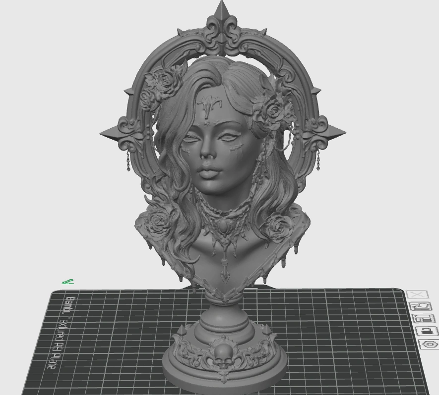 Gothic woman bust 3D printable STL with roses ornate jewellery decorative frame and skull pedestal