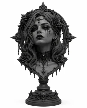 Gothic woman bust 3D printable STL with roses ornate jewellery decorative frame and skull pedestal