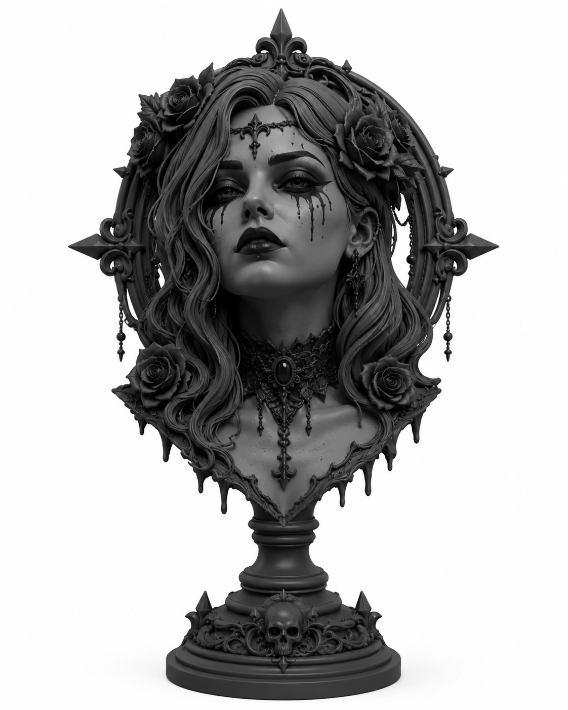 Gothic woman bust 3D printable STL with roses ornate jewellery decorative frame and skull pedestal