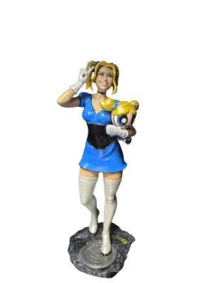 Bubbles from The Powerpuff Girls 3D printed PLA+ hand-painted figure in blue outfit holding a miniature Bubbles character on a display base