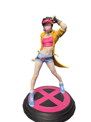 Jubilee from Marvel X-Men Figure 3D printed in PLA+ and hand painted with yellow coat, pink top, sunglasses and display base, approximately 32cm high