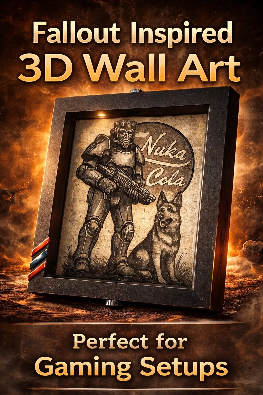 Fallout Inspired 3D Wall Art – Nuka Cola Soldier & Dog Frame (PLA+) – 21cm x 16cm