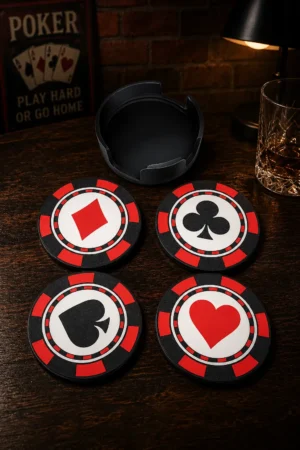 Poker Chip Coaster Set – 3D Printed Drink Coasters with Holder