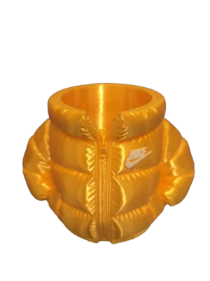 Puffer Jacket Pen & Brush Holder | Silk PLA+ 3D Printed Makeup Organiser & Desk Accessory | Unique Gift Idea (Gold/White)